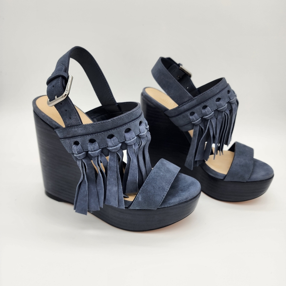 Jimmy Choo Nya 120 Blue Suede Tassel Statement Wedge Sandals Size 35.5 NEW